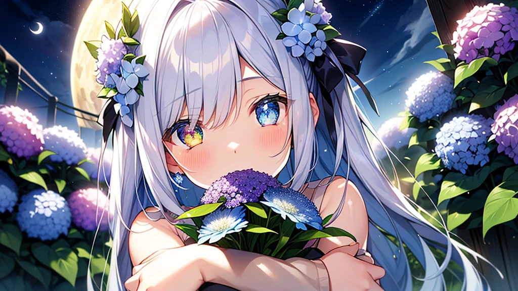 Best quality、Photorealistic、Ultra-detailed、delicate、Orderly、High Detail、Bluish Silver Short Bob、(Drooping heterochromia iris,glowing eyes、Sparkling Eyes:1.3)、slender、(One girl:1.2)、(moon、night、Night Sky、Dark Night、Glowing Hydrangea、Mysterious Light、Girl hugging herself:1.3)、Ambient Occlusion、Ambient Light、Ray-traced Reflections、Glow、Shiny Hair、