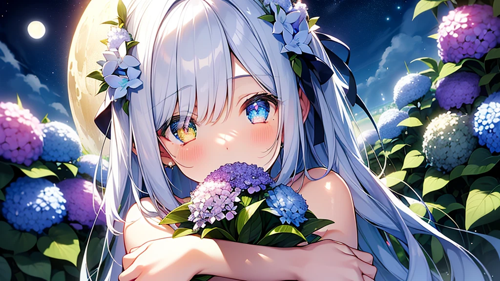 Best quality、Photorealistic、Ultra-detailed、delicate、Orderly、High Detail、Bluish Silver Short Bob、(Drooping heterochromia iris,glowing eyes、Sparkling Eyes:1.3)、slender、(One girl:1.2)、(moon、night、Night Sky、Dark Night、Glowing Hydrangea、Mysterious Light、Girl hugging herself:1.3)、Ambient Occlusion、Ambient Light、Ray-traced Reflections、Glow、Shiny Hair、