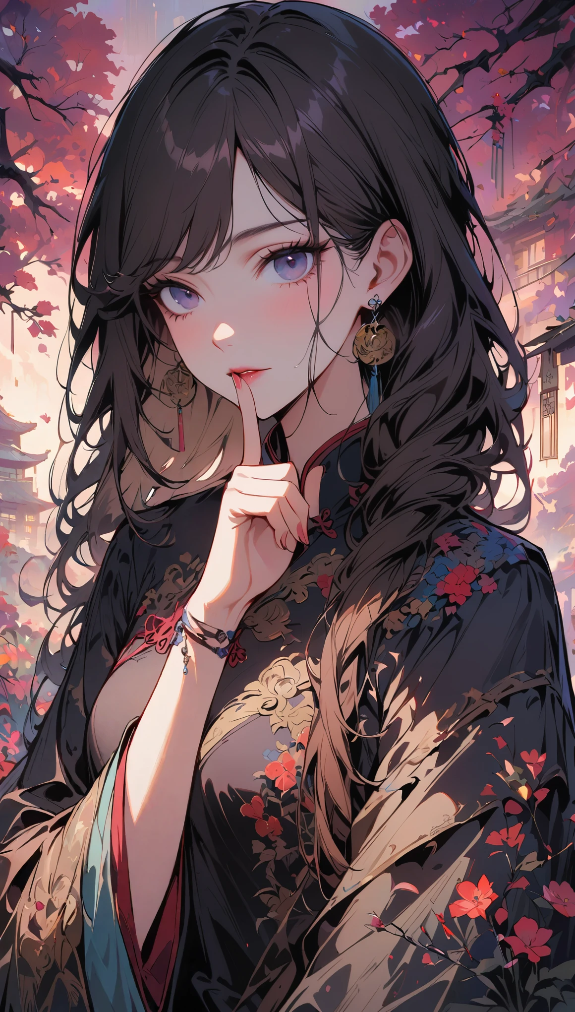 masterpiece,Extremely detailed ofCG unified 8k wallpaper,1 girl, beauty of, Actual, Blur of, Blur of_background, Blur of_prospect, branch, Brown_longhair, 梅flower, depth_of_site, earrings, flower, jewelry, nose, Actual, Alone of,Chinese clothes,Finger hidden, weapon concealment, only wear
