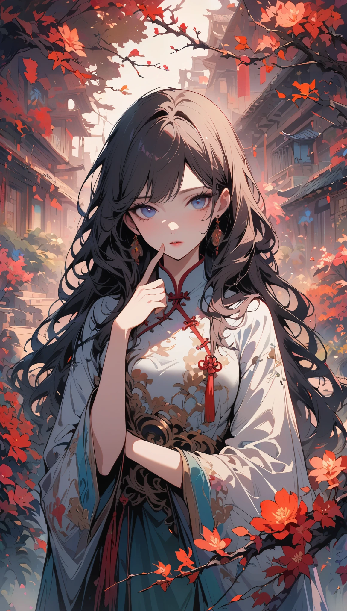 masterpiece,Extremely detailed ofCG unified 8k wallpaper,1 girl, beauty of, Actual, Blur of, Blur of_background, Blur of_prospect, branch, Brown_longhair, 梅flower, depth_of_site, earrings, flower, jewelry, nose, Actual, Alone of,Chinese clothes,Finger hidden, weapon concealment, only wear