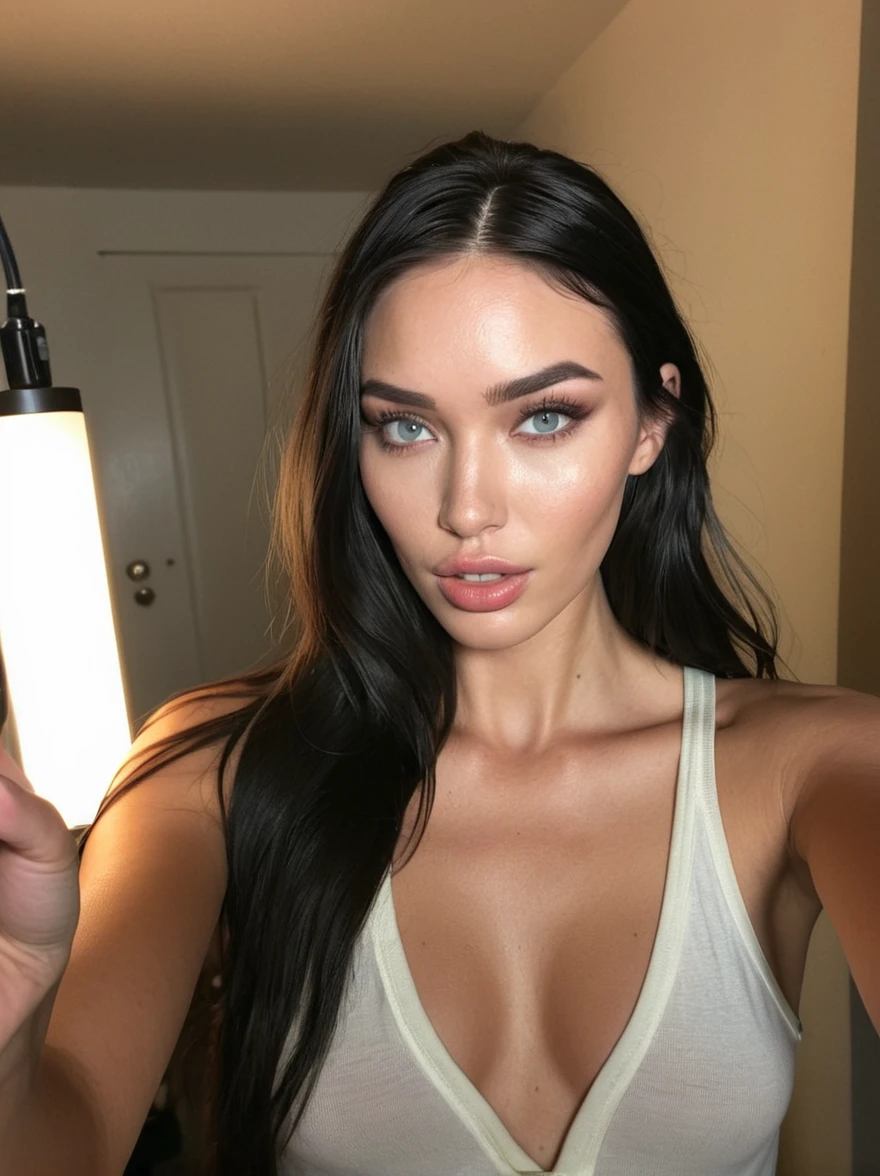 a realistic instagram selfie photo of a [ really beautiful exotic androgynous supermodel 19 year old woman] , with [long, dark hair ] , looks like [Megan FOX] and [Adriana Lima], light makeup, looking [ nomakeup innocent, cute, flushed] , dressing room [light] skin --ar 9:16 --stylize 750 --v 6