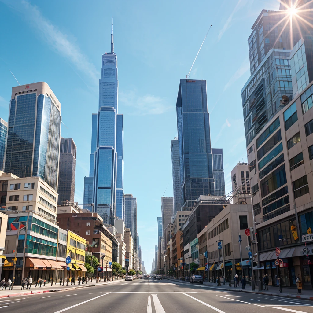 standing at the intersection of 4 streets looking up at the skyscraper tower in the morning with bright sunlight (5D animation) realistic image quality ultra high quality