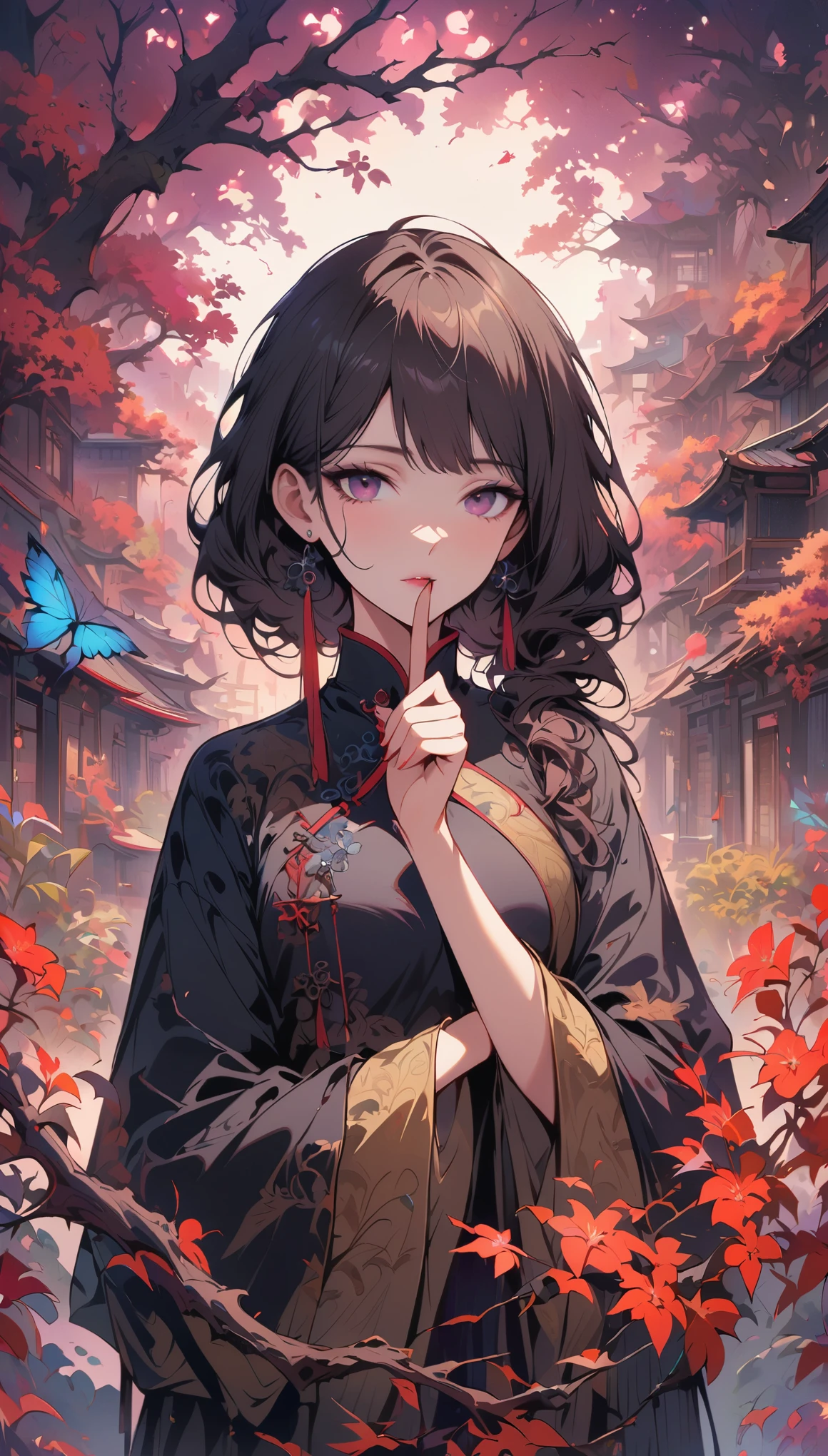 masterpiece,Extremely detailed ofCG unified 8k wallpaper,1 girl, beauty of, Actual, Blur of, Blur of_background, Blur of_prospect, branch, Brown_hair, 梅flower, depth_of_site, earrings, flower, jewelry, nose, Actual, Alone of,Chinese clothes,Finger hidden, weapon concealment, only wear