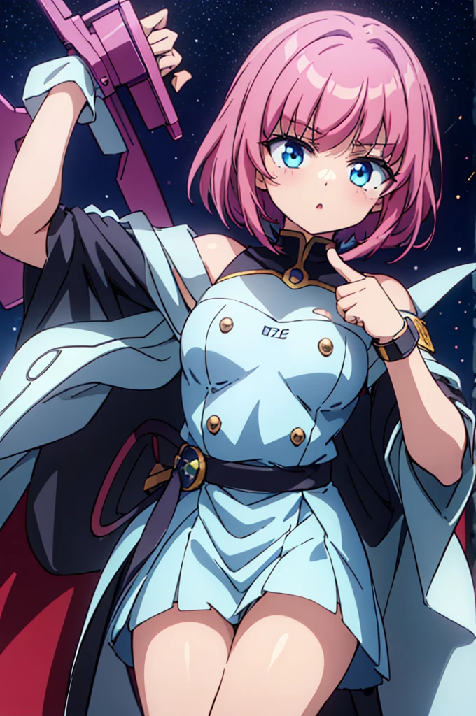 Highest quality, masterpiece, High resolution, alone, (Haman Khan),(Mobile Suit Z Gundam),(Zeon),(Black‗Mantle),(pink_Hair Color),Bob haircut,Young Girl,Starry Sky_background,Anime Style, Highest quality, 4k, masterpiece,, alone, 1,whole body,looking at the camera, Shinkai Makoto style, Sharp Eyes,(Full Finger), (Accurate fingertips), (The finer details), (Anatomically correct), (映画のbackground), Hyper Detail, (Subtle details), (Intricate details),