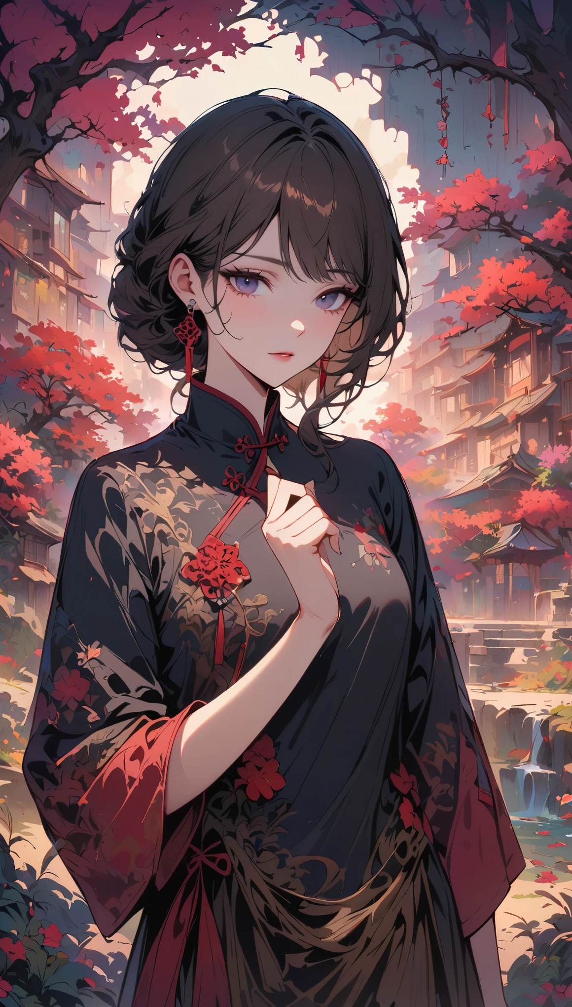 masterpiece,Extremely detailed ofCG unified 8k wallpaper,1 girl, beauty of, Actual, Blur of, Blur of_background, Blur of_prospect, branch, Brown_hair, 梅flower, depth_of_site, earrings, flower, jewelry, nose, Actual, Alone of,Chinese clothes,Finger hidden, weapon concealment, only wear