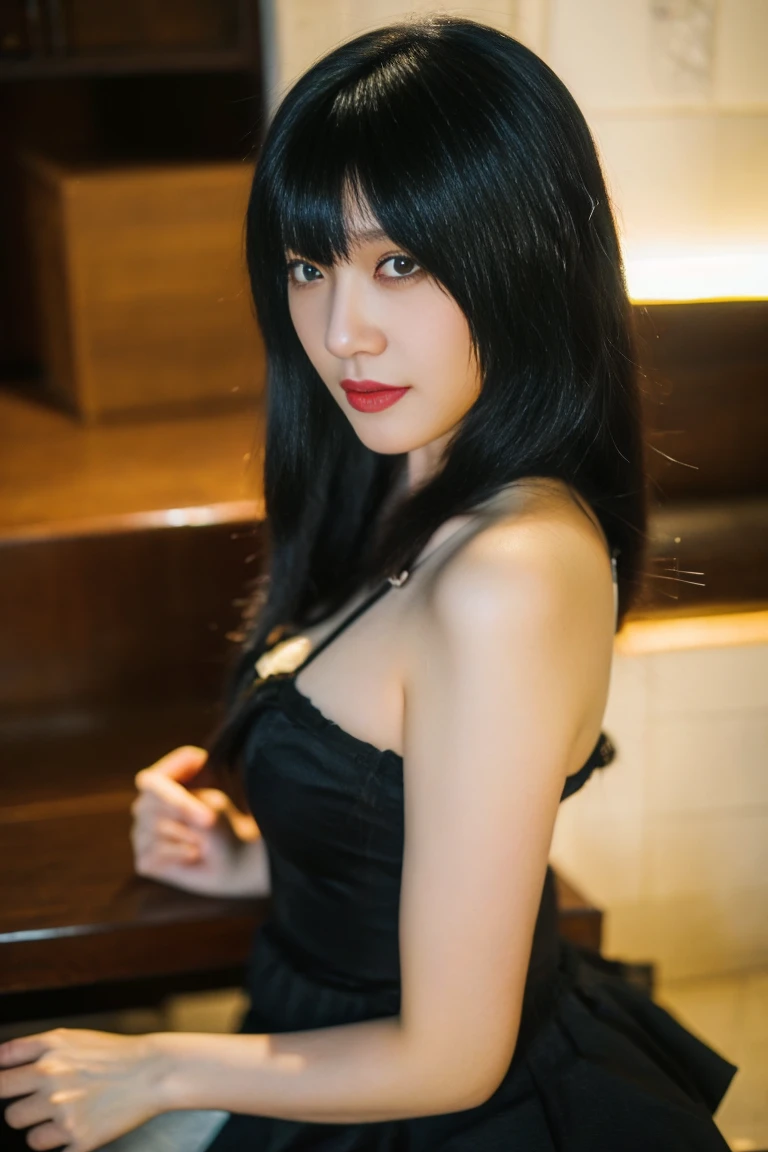 (1 Korean Girl)、top-quality、​masterpiece、超A high resolution、(Photorealsitic:1.4)、Raw photo、glowy skin、(Irish Bar as a background)、Precipitous cliffs、(Small LED)、((super realistic details))、portlate、globalillumination、Shadow、8K、ultrasharp、、Raw skin is exposed in cleavage, (nsfw:1.4), (Topless Black Dress:1.4), (standing pose:1.4), ((hairy pussy))