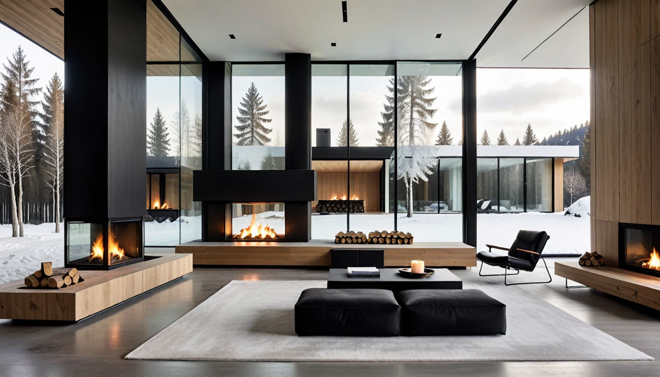Lei-BL,Modern interior design, fireplace, Floor-to-ceiling windows, The Minimalists, Monochromatic color palette, indoor, luxurious, Natural light, Wood storage, modern furniture, Clear lines, open space, Architectural Details, High contrast, Reflective surface, Metal, Glass, black and white, Winter scenery outside, Spacious, elegant