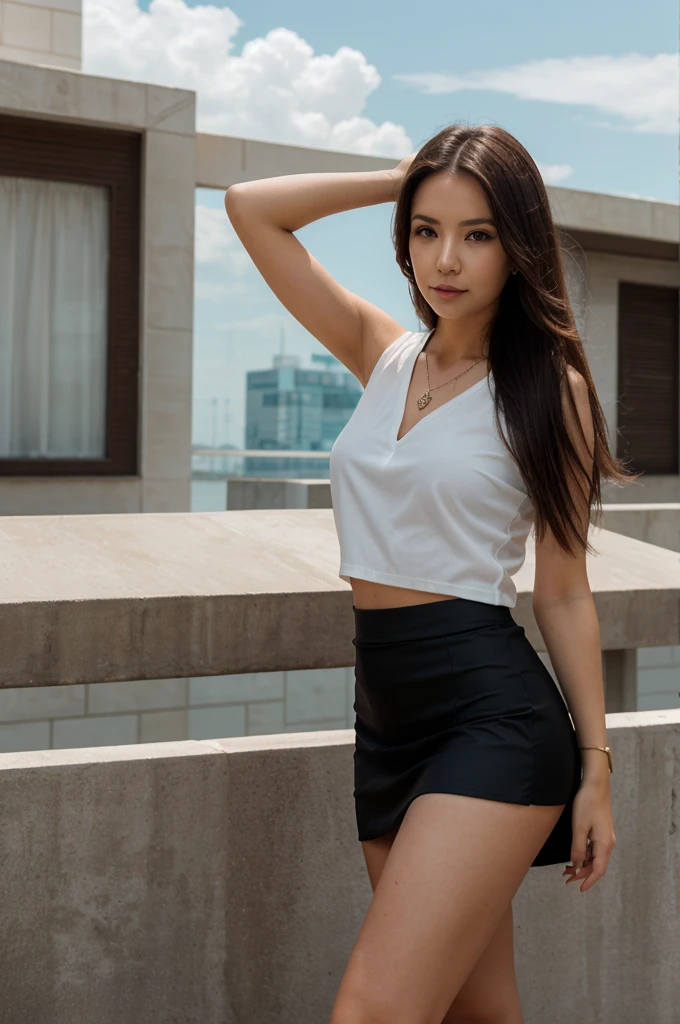 1girl in, 30 years old, Square face, Long hair, Looking at viewer, jewelry, Reality, Sexy, Short skirt outfit, sky background , free pose