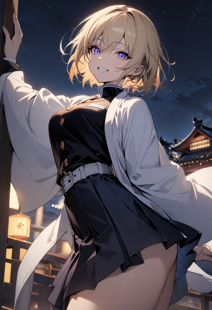 One girl, fair skin, smiling, blonde, short hair, tanzanite eyes, Demon Slayer uniform, long sleeves, skirt, white haori, night sky, masterpiece, best quality