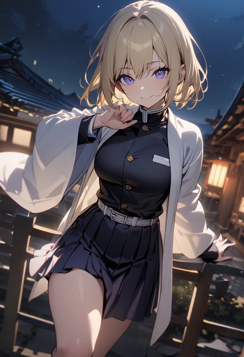One girl, fair skin, smiling, blonde, short hair, tanzanite eyes, Demon Slayer uniform, long sleeves, skirt, white haori, night sky, masterpiece, best quality