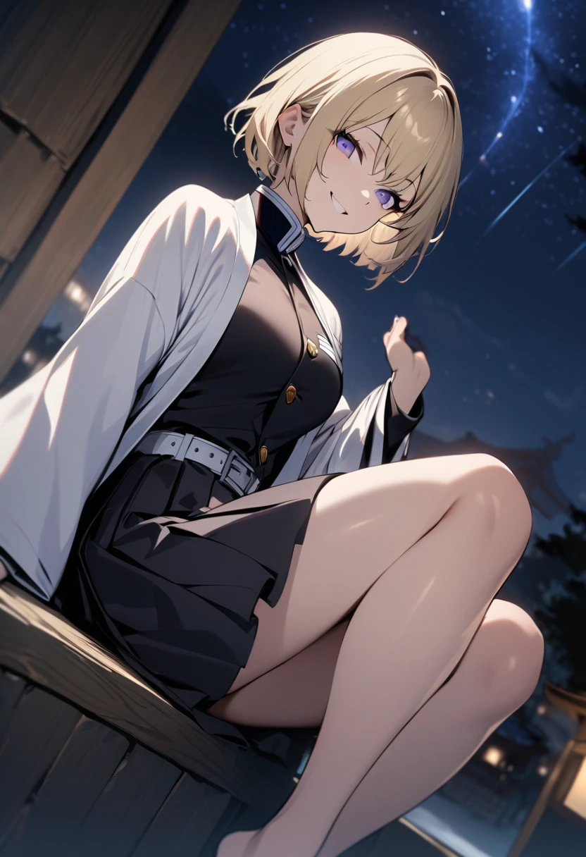 One girl, fair skin, smiling, blonde, short hair, tanzanite eyes, Demon Slayer uniform, long sleeves, skirt, white haori, night sky, masterpiece, best quality