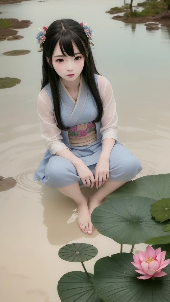((4k,masterpiece,best quality)), Bisim, Traditional Chinese ink painting, lotus, hanfu, maxiskit, Dress conservatively 1girl, Solitary, Blue long hair, Smile, permanent, Feet in water, barefoot,