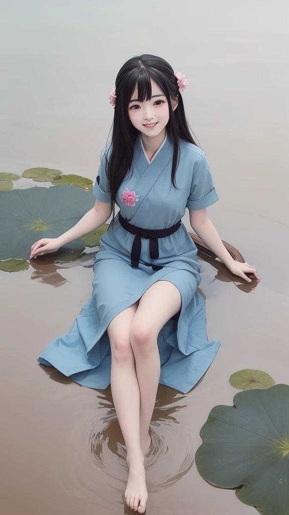 ((4k,masterpiece,best quality)), Bisim, Traditional Chinese ink painting, lotus, hanfu, maxiskit, Dress conservatively 1girl, Solitary, Blue long hair, Smile, permanent, Feet in water, barefoot,
