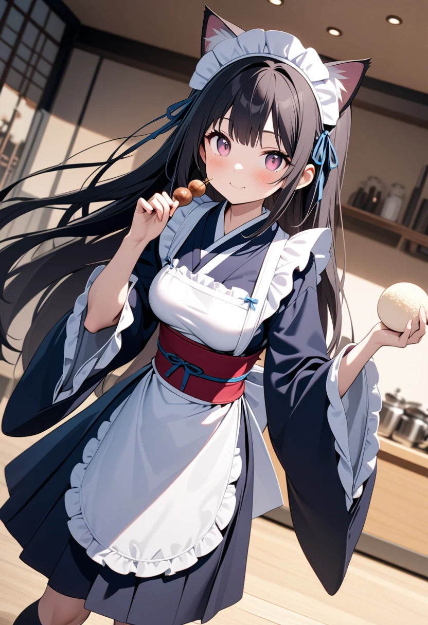 (8K, best quality, master piece: 1.2), super high resolution,1 beautiful girl,ultra-detailed face,cute eyes,(Holding a skewered rice cake ball in one hand、Each of the three mochi balls on the skewer is perfectly round.),standing,Maid outfit dress, cat ear catsuit,head dress,pink eyes, black hair, long hair,medium breasts,white apron, Navy Blue hakama skirt,wa maid,kimono,wide sleeves,frilled apron,lace trim,Navy Blue ribbon accents,Absolute area,Knee-high socks,smile ,Rim Light,indoors Japanese cafe