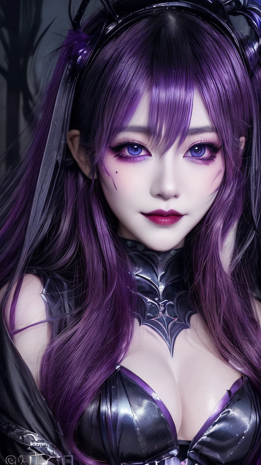 Esoteric arachnids lady, Spider Queen Elise, League of Legends, Esoteric arachnids, Combat Stance, ( The body is made of metallic mauve and metallic black liquid metallic paint.、It beautifully depicts the female form.。), Long, sharp fangs, nature, ((Complex metallic colors in the foreground)), (( Fluid Mechanics, The most beautiful smooth scale face makeup, Smirking expression)) - Dark blood, Onyxia、Noir painting of a beautiful young witch, Long purple hair, dark purple lips, evil, evil female, smile, Black Prom Dress, She is coming to you, close, Bright Blue Eyes, Surrounded by swirling pink smoke, Genuine, High detail, Highest quality