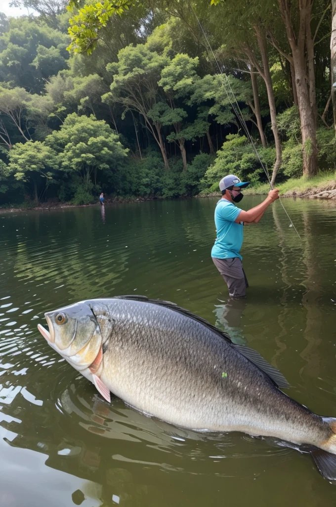 uma aguia gigante com chapeu de pescador sentada em um banquinho na beira de um lago pescando
