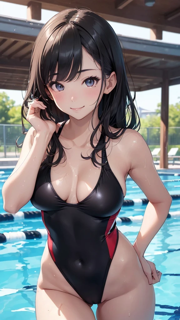 (((masterpiece))),(((High resolution)))、(((8K)))、(((perfect face)))、(((beauty of japan)))、20 years old、(((beautiful face))), ((swimsuit)), (((black competitive swimsuit))), ((top quality eyes)), ((detailed texture)), ((high resolution face)), (at the pool), ((cute smile)), nsfw