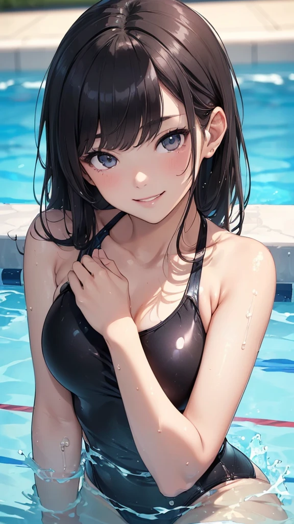 (((masterpiece))),(((High resolution)))、(((8K)))、(((perfect face)))、(((beauty of japan)))、20 years old、(((beautiful face))), ((swimsuit)), (((black competitive swimsuit))), ((top quality eyes)), ((detailed texture)), ((high resolution face)), (at the pool), ((cute smile)), nsfw