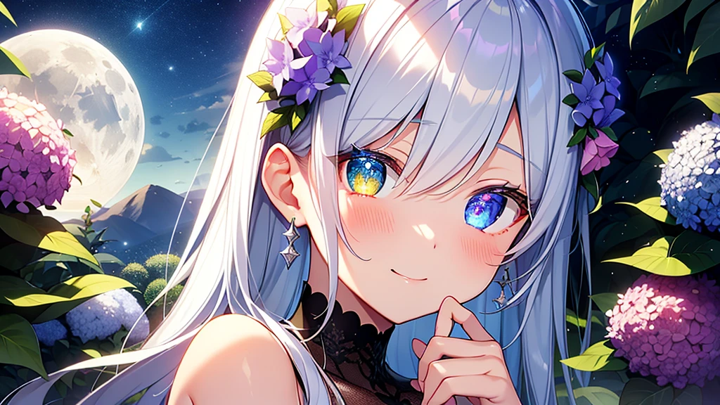 Best quality、Photorealistic、Ultra-detailed、delicate、Orderly、High Detail、Bluish Silver Short Bob、(Drooping heterochromia iris,glowing eyes、Sparkling Eyes:1.3)、slender、(One girl:1.2)、(moon、night、Night Sky、Dark Night、Glowing Hydrangea、Mysterious Light:1.3)、Girl Cast Magic,Ambient Occlusion、Ambient Light、Ray-traced Reflections、Glow、Shiny Hair、
