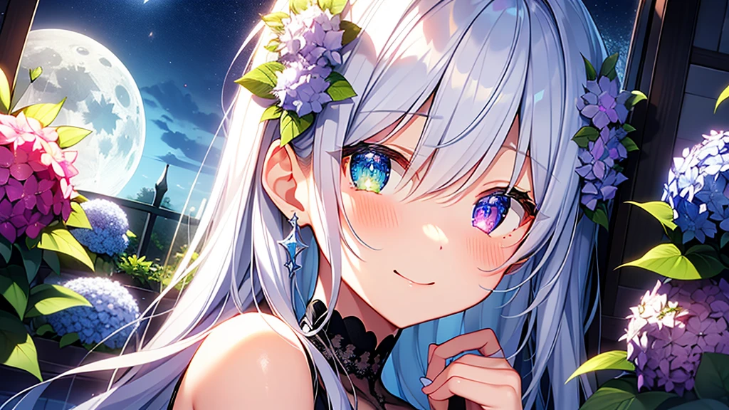 Best quality、Photorealistic、Ultra-detailed、delicate、Orderly、High Detail、Bluish Silver Short Bob、(Drooping heterochromia iris,glowing eyes、Sparkling Eyes:1.3)、slender、(One girl:1.2)、(moon、night、Night Sky、Dark Night、Glowing Hydrangea、Mysterious Light:1.3)、Girl Cast Magic,Ambient Occlusion、Ambient Light、Ray-traced Reflections、Glow、Shiny Hair、
