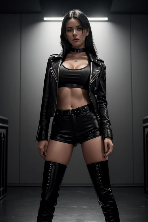 A beautiful 20 year old female model with large breasts, wearing a open red leather jacket over a black crop top and high-waisted black shorts, has dark wavy hair and blue eyes. She has an athletic build and is wearing black boots and a black choker necklace. Full body shot, realistic, photorealistic, 8k, best quality, masterpiece, ultra-detailed, physically-based rendering, vivid colors, studio lighting