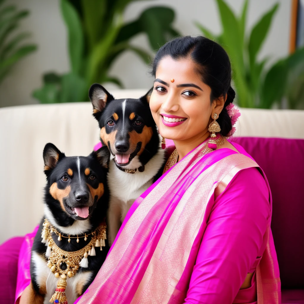 smiling woman sitting on a couch with a dog and a indian silk saree, 🦩🪐🐞👩🏻🦳, colourful, beautiful look, with lovely look, omg, f2, f 2, ad image, official, stylish pose, [ colourful, nag, cute beautiful, very extremely beautiful, beautiful cute, candid picture, a still of a happy, actress
