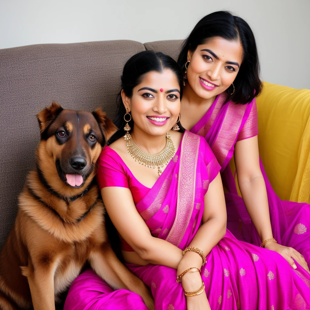 smiling woman sitting on a couch with a dog and a indian silk saree, 🦩🪐🐞👩🏻🦳, colourful, beautiful look, with lovely look, omg, f2, f 2, ad image, official, stylish pose, [ colourful, nag, cute beautiful, very extremely beautiful, beautiful cute, candid picture, a still of a happy, actress