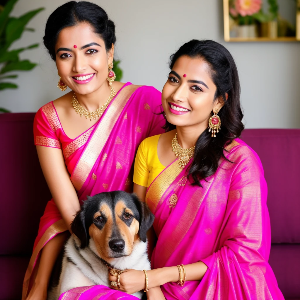 smiling woman sitting on a couch with a dog and a indian silk saree, 🦩🪐🐞👩🏻🦳, colourful, beautiful look, with lovely look, omg, f2, f 2, ad image, official, stylish pose, [ colourful, nag, cute beautiful, very extremely beautiful, beautiful cute, candid picture, a still of a happy, actress