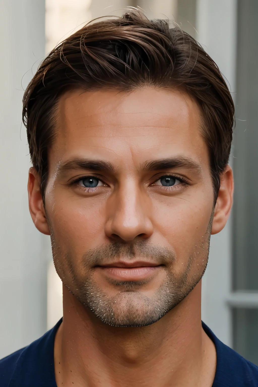 Create a very handsome man who is 40 years old, with brown hair, blue eyes, and sharp features, and has tan skin.