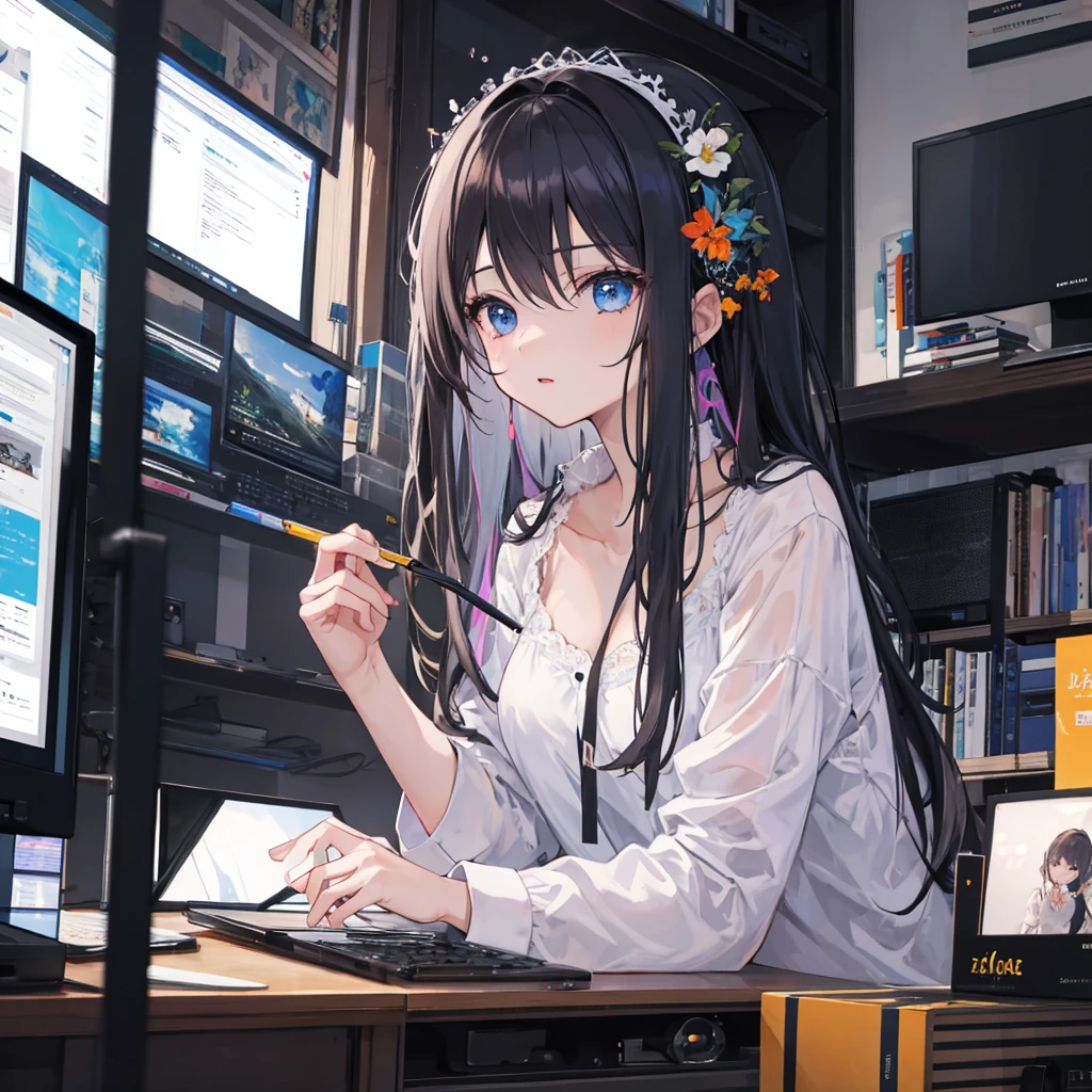 ((Best quality)), ((masterpiece)), (detailed), monitor with a girl's body, smiley face, cursors are blinking, night, slender legs, long off-shoulder sweater
