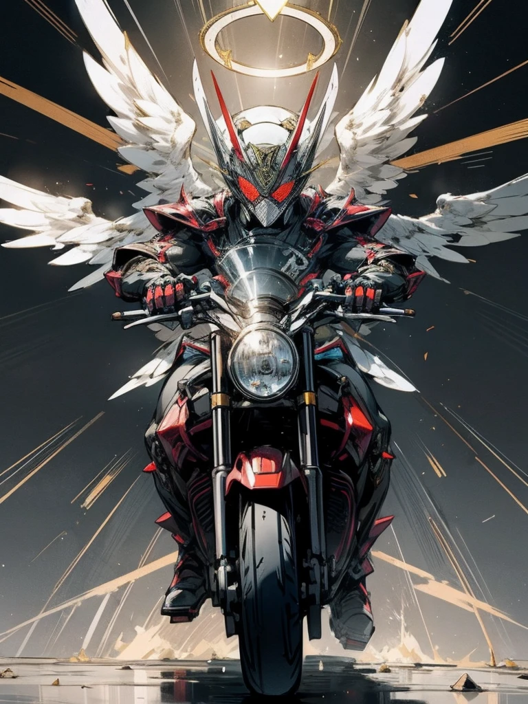 Kamen Rider,Angel, woman,heaven battle arena background,rider kick,halo,devil custumize morter cycle riding,Kamen riders battle royal,view viewers view