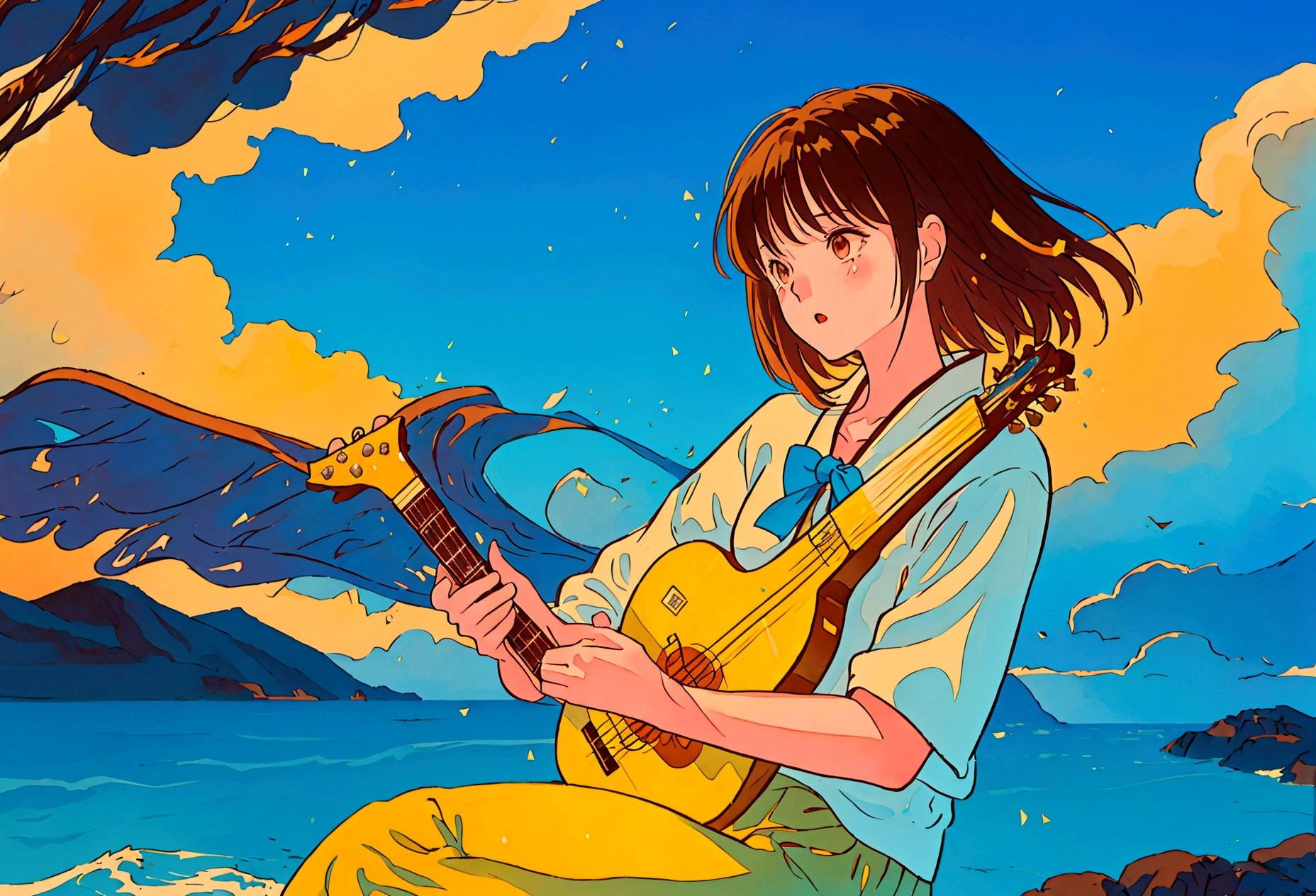 Blues, One girl, musical instrument, flower, alone, Outdoor, Brown Hair, Sitting, guitar,  short hair, Day, wood, music, Blurred foreground, Blurred, shirt, Blue Sky, playing musical instrument, , scenery, Wind, holding musical instrument, amplifier, Depth of written boundary,  jack Jhonson, Wide Shot,, cloud y empty, Ocean, Studio Ghibli Style HMC, 夕暮れ時に棚に座ってguitarを弾く少年, Wallpaper 8k, guitarを弾く, LOFI Girl,(Warm, vibrant colors), (soft, Golden Light), (Sparkling reflections on the water), Anime Style，Ocean，Oceanのビーチ，ココナッツのwood, Illustrator