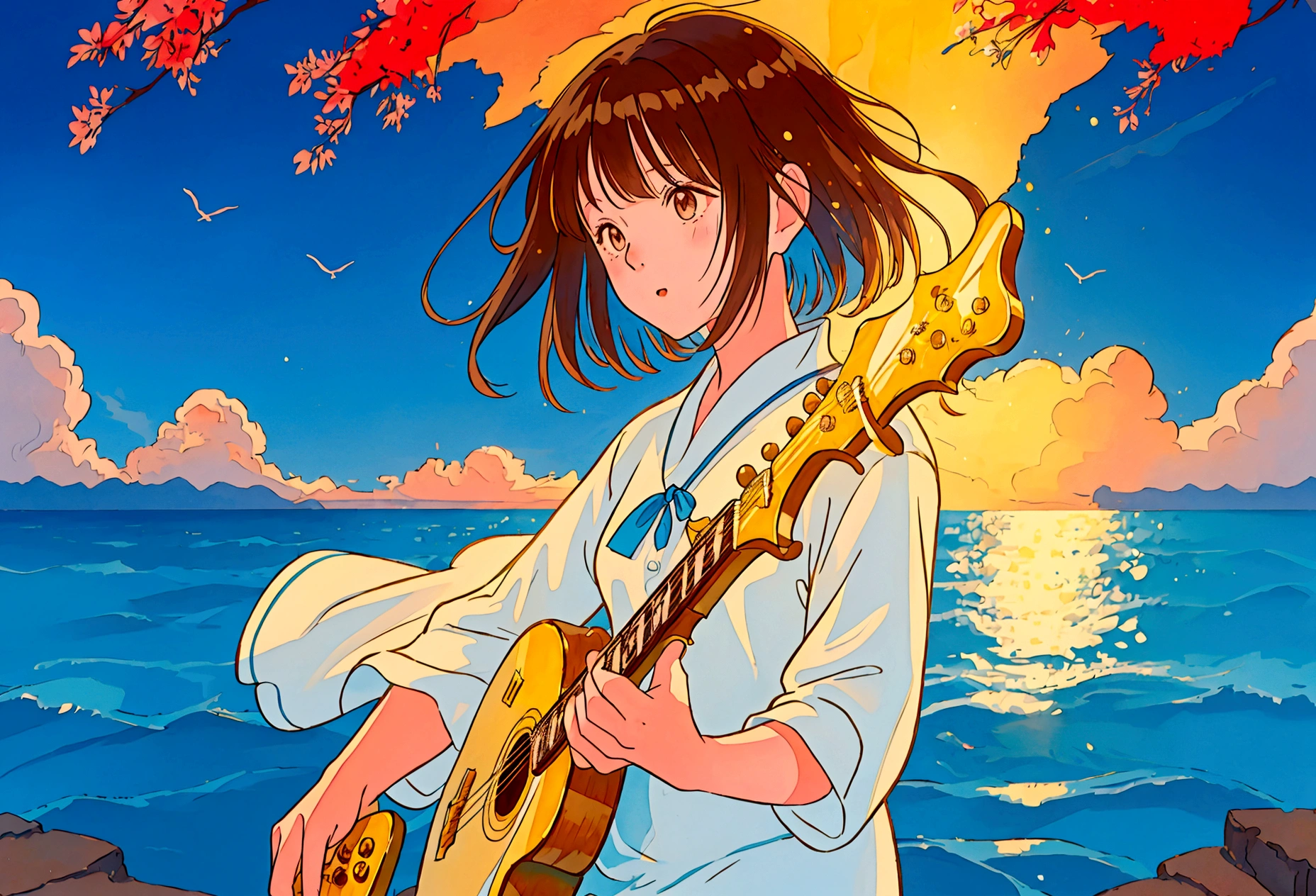 Blues, One girl, musical instrument, flower, alone, Outdoor, Brown Hair, Sitting, guitar,  short hair, Day, wood, music, Blurred foreground, Blurred, shirt, Blue Sky, playing musical instrument, , scenery, Wind, holding musical instrument, amplifier, Depth of written boundary,  jack Jhonson, Wide Shot,, cloud y empty, Ocean, Studio Ghibli Style HMC, 夕暮れ時に棚に座ってguitarを弾く少年, Wallpaper 8k, guitarを弾く, LOFI Girl,(Warm, vibrant colors), (soft, Golden Light), (Sparkling reflections on the water), Anime Style，Ocean，Oceanのビーチ，ココナッツのwood, Illustrator