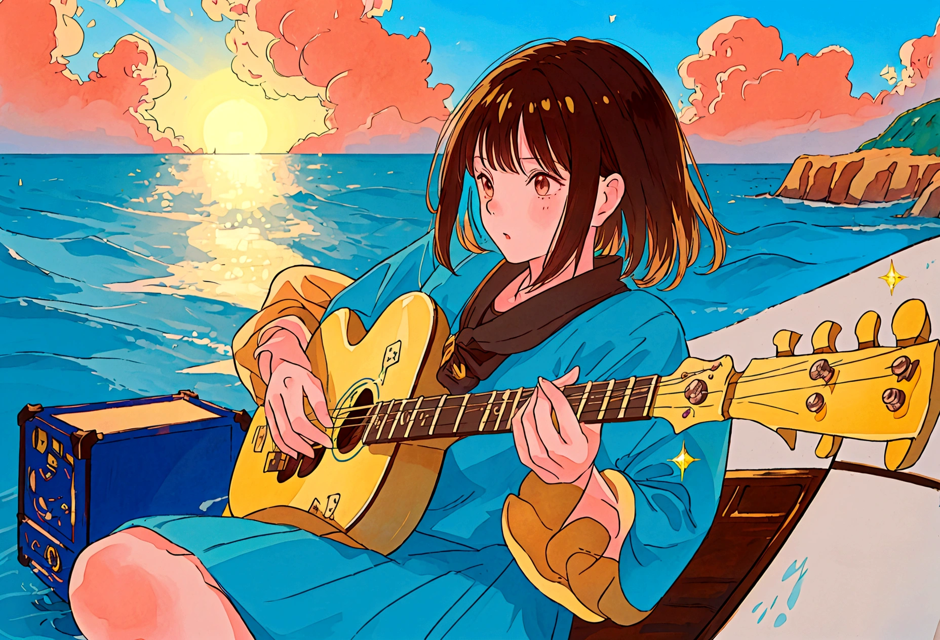 Blues, One girl, musical instrument, flower, alone, Outdoor, Brown Hair, Sitting, guitar,  short hair, Day, wood, music, Blurred foreground, Blurred, shirt, Blue Sky, playing musical instrument, , scenery, Wind, holding musical instrument, amplifier, Depth of written boundary,  jack Jhonson, Wide Shot,, cloud y empty, Ocean, Studio Ghibli Style HMC, 夕暮れ時に棚に座ってguitarを弾く少年, Wallpaper 8k, guitarを弾く, LOFI Girl,(Warm, vibrant colors), (soft, Golden Light), (Sparkling reflections on the water), Anime Style，Ocean，Oceanのビーチ，ココナッツのwood, Illustrator