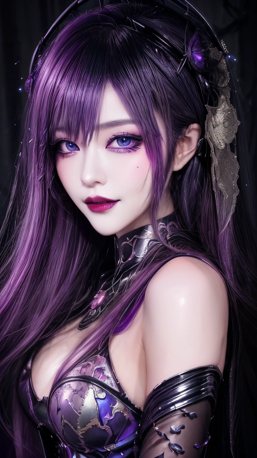 Esoteric arachnids lady, Spider Queen Elise, League of Legends, Esoteric arachnids, Combat Stance, ( The body is made of metallic mauve and metallic black liquid metallic paint.、It beautifully depicts the female form.。), Long, sharp fangs, nature, ((Complex metallic colors in the foreground)), (( Fluid Mechanics, The most beautiful smooth scale face makeup, Smirking expression)) - Dark blood, Onyxia、Noir painting of a beautiful young witch, Long purple hair, dark purple lips, evil, evil female, smile, Black Prom Dress, She is coming to you, close, Bright Blue Eyes, Surrounded by swirling pink smoke, Genuine, High detail, Highest quality