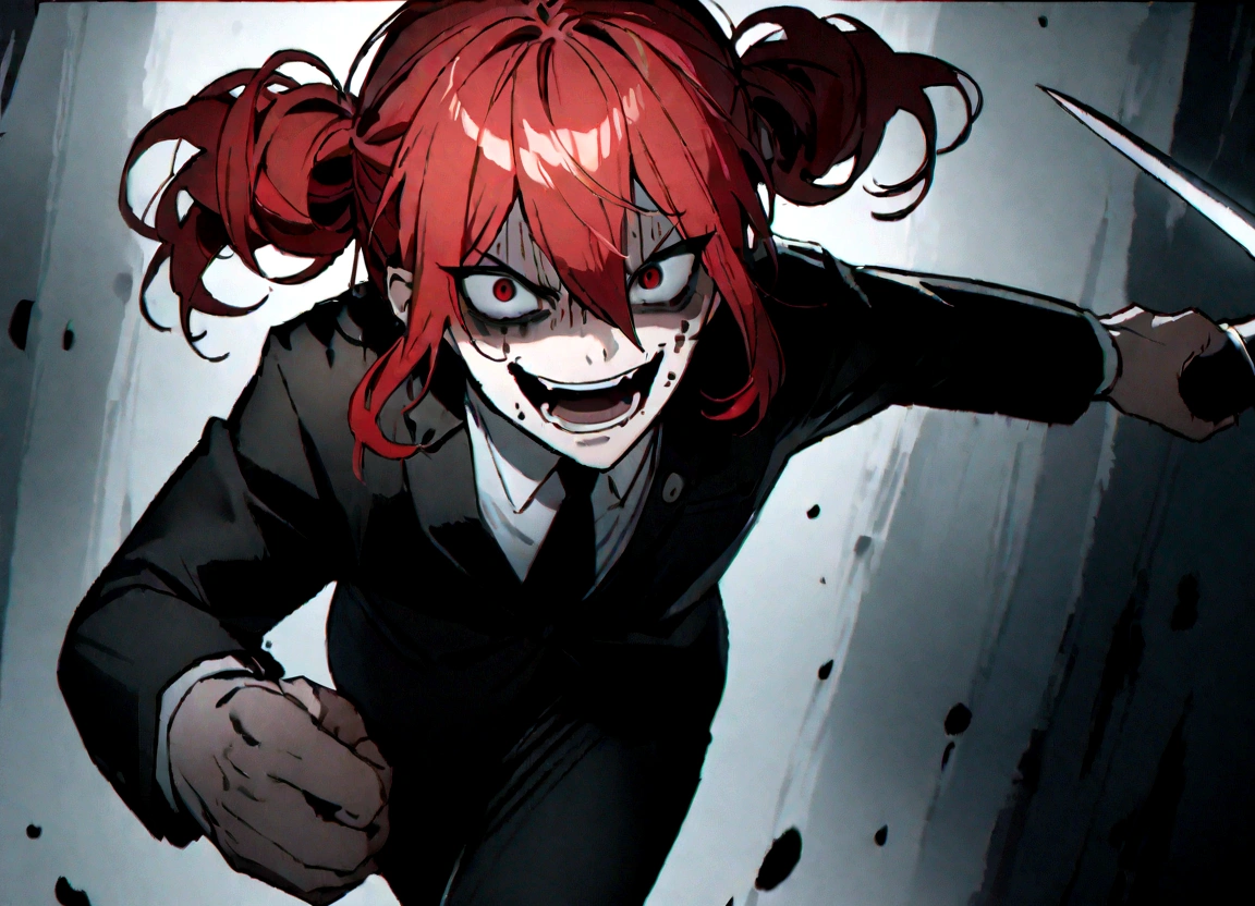 Red hair、Black suit、Black slacks、Wearing leather shoes、Holding a sword、Scary face