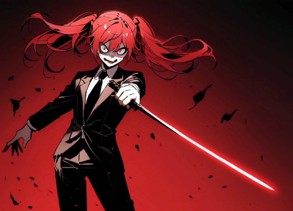 Red hair、Black suit、Black slacks、Wearing leather shoes、Holding a sword、Scary face