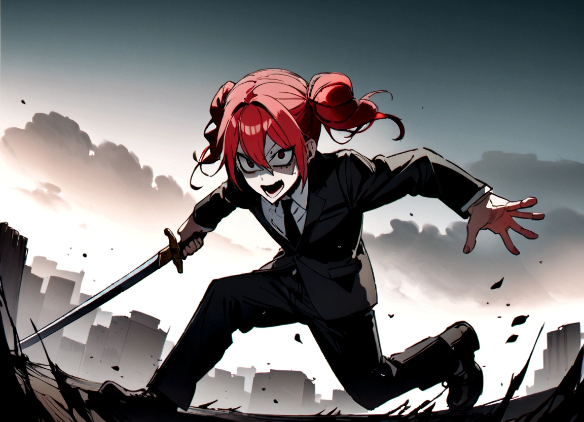 Red hair、Black suit、Black slacks、Wearing leather shoes、Holding a sword、Scary face