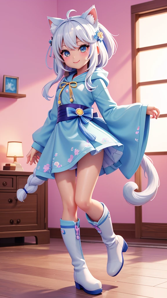 masterpiece、Highest quality、7 heads、whole body、リビングのテーブルに置かれたMiniature figures、Miniature figures、Beautiful Girl Figure、Real Doll、Japanese、(Detailed design:1.5)、One girl、(Idol) 、Slim figure、White Hair、Wearing a blue hood、Cat ear hood、Denim shorts、Knee-high boots、smile、Are standing、Pastel Color Palette、Vivid Color、Bright lighting、Living Room Background、The background is blurry、Vignetting、