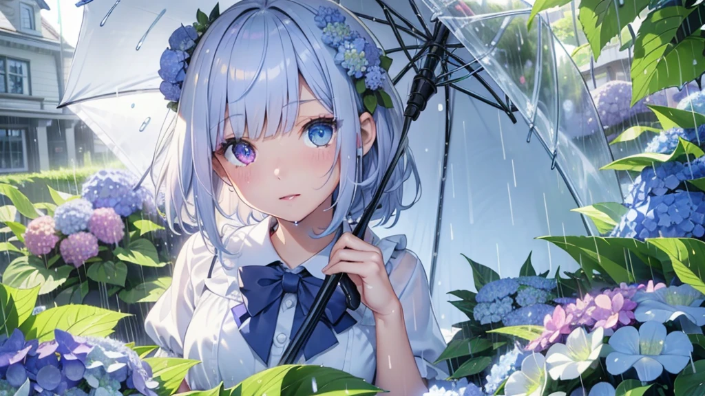Best quality、Photorealistic、Ultra-detailed、delicate、Orderly、High Detail、Bluish Silver Short Bob、(Drooping heterochromia iris,glowing eyes:1.2)、slender、(One girl:1.2)、(Girl buried in hydrangeas、umbrella、rain、wet、Dynamic Angle、Dutch Angle、school uniform:1.3)、Ambient Occlusion、Ambient Light、Ray-traced Reflections、Glow、Shiny Hair、