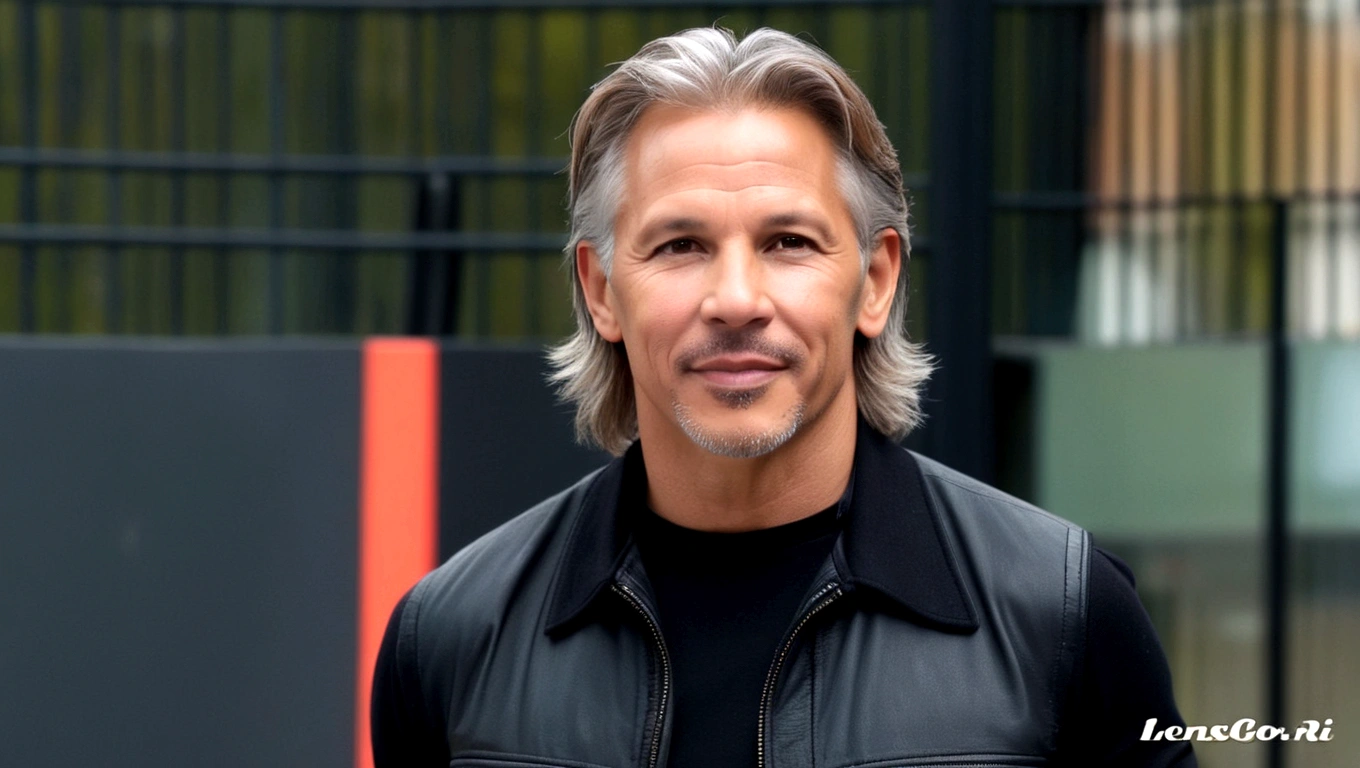 a young man called lineker, 50 years old, he has a face similar to Jon Bom Jovi, he has light hair, brown eyes, black blouse, black pants, black sneakers, in his car