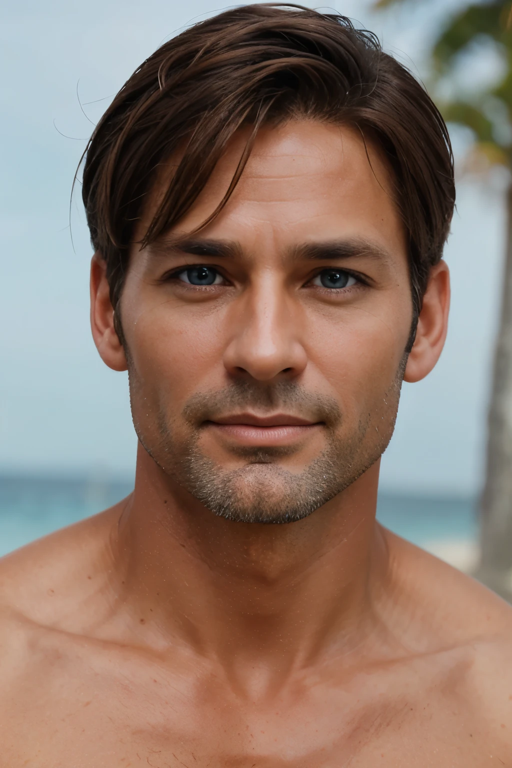 1man, male actor, brown hair, tanned skin, playboy, 45yo, mixed with American And Japanese, cute ikemen, beautiful detailed eyes, medium-short hair, center parted bangs, large eyes, brown eyebrow, chiseled face, super detailed skin, smart jaw, black eyes, super detailed nipples, nipples tweak, BREAK male black bikini, topless, fullbody, solo focus, looking far, soft smile, sexy posing, bulged swimwear, seaside, cinematic still, from side, paparazzi shot, peeping photos, 8k, sharp focus, extreme all detailed