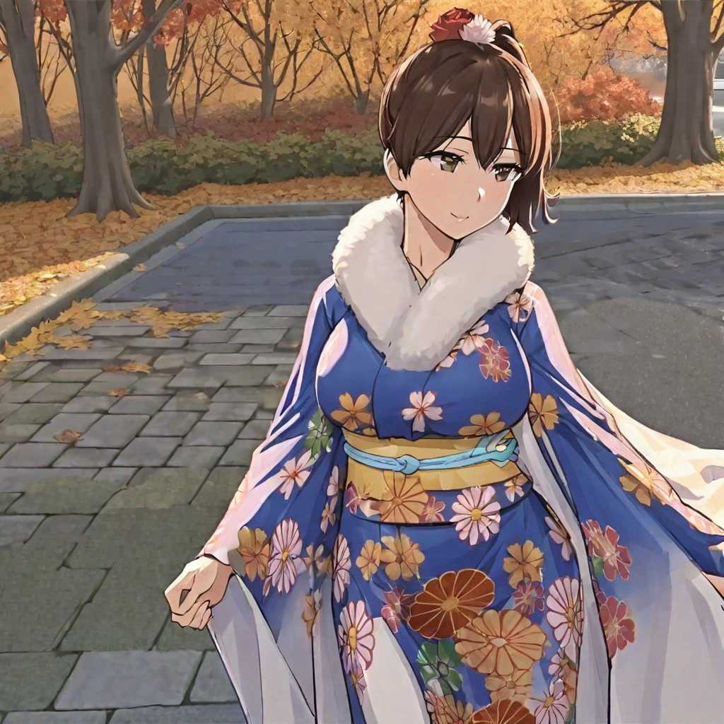 a woman wearing blue yukata with white details, red flowers on the kimono, long white stockings, white fur cape, brown eyes, brown hair, ponytail hair, walking on a sidewalk in autumn weather, big breasts, smiling
