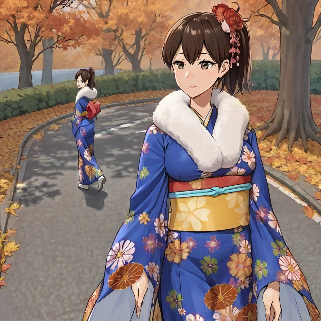 a woman wearing blue yukata with white details, red flowers on the kimono, long white stockings, white fur cape, brown eyes, brown hair, ponytail hair, walking on a sidewalk in autumn weather, big breasts, smiling
