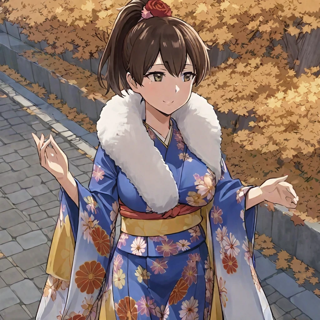 a woman wearing blue yukata with white details, red flowers on the kimono, long white stockings, white fur cape, brown eyes, brown hair, ponytail hair, walking on a sidewalk in autumn weather, big breasts, smiling
