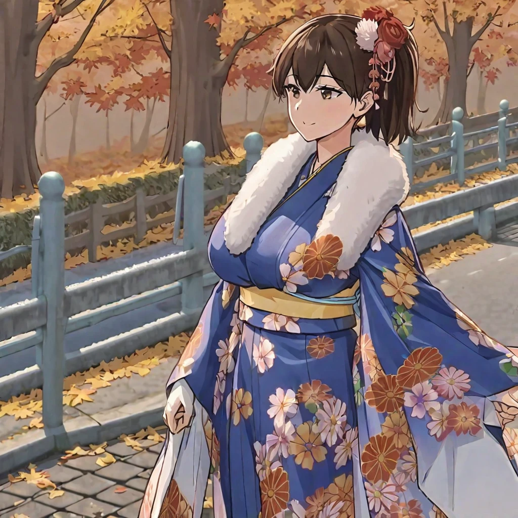 a woman wearing blue yukata with white details, red flowers on the kimono, long white stockings, white fur cape, brown eyes, brown hair, ponytail hair, walking on a sidewalk in autumn weather, big breasts, smiling
