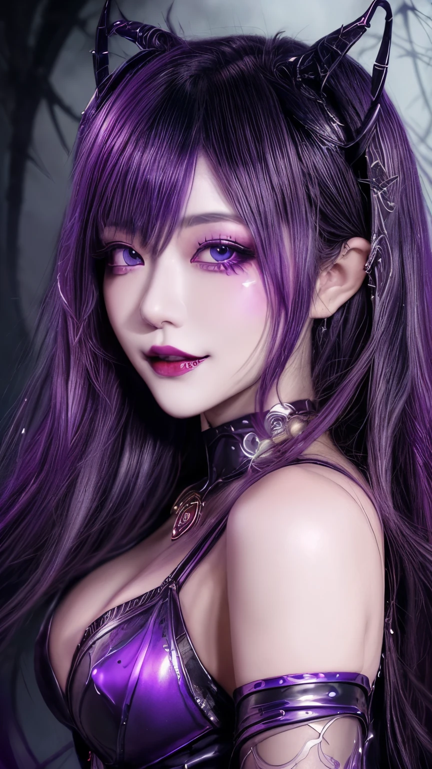 Esoteric arachnids lady, Spider Queen Elise, League of Legends, Esoteric arachnids, Combat Stance, ( The body is made of metallic mauve and metallic black liquid metallic paint.、It beautifully depicts the female form.。), Long, sharp fangs, nature, ((Complex metallic colors in the foreground)), (( Fluid Mechanics, The most beautiful smooth scale face makeup, Smirking expression)) - Dark blood, Onyxia、Noir painting of a beautiful young witch, Long purple hair, dark purple lips, evil, evil female, smile, Black Prom Dress, She is coming to you, close, Bright Blue Eyes, Surrounded by swirling pink smoke, Genuine, High detail, Highest quality