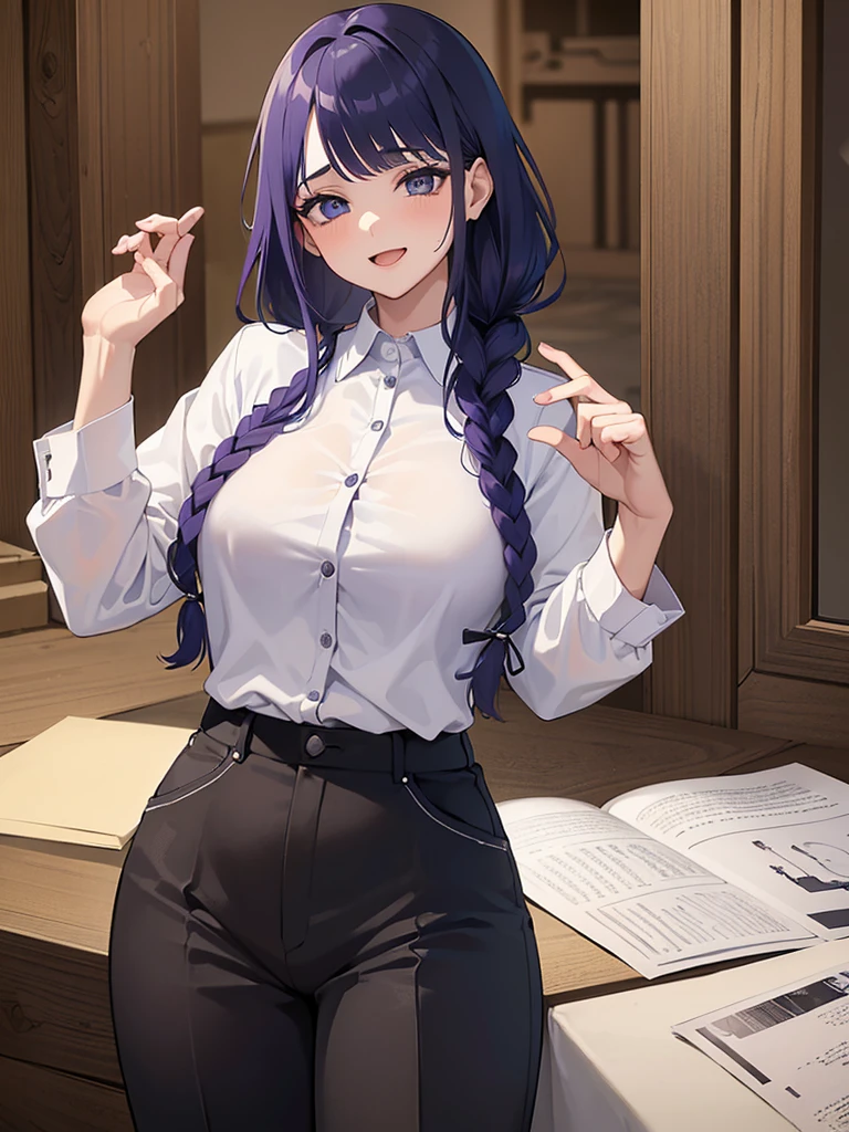 Garota sem roupa, peituda, Ahegao((Obra de arte)), (melhor qualidade), lindo, rosto extremamente detalhado,((inexpressivo)),((atitude fria)),((Tsurime)),((tareme)),seios,((mulher madura)),((Shogun Raiden, Sorriso, franja, (big seios:1.2), (olhos roxos:1.2), braid, cabelo roxo, braided ponytail, olhos rodeados, camisa, mangas compridas, white camisa, gravata, collared camisa, pants, black pants, Formal, Terno, black gravata, camisa tucked in, secretary, nsfw, Sex, 1 menino, cum on, gemendo, Bolhas de texto