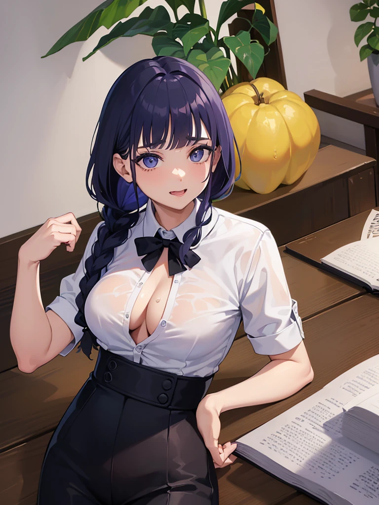 Garota nua, peituda, Ahegao((Obra de arte)), (melhor qualidade), lindo, rosto extremamente detalhado,((inexpressivo)),((atitude fria)),((Tsurime)),((tareme)),seios,((mulher madura)),((Shogun Raiden, Sorriso, franja, (big seios:1.2), (olhos roxos:1.2), braid, cabelo roxo, braided ponytail, olhos rodeados, camisa, mangas compridas, white camisa, gravata, collared camisa, pants, black pants, Formal, Terno, black gravata, camisa tucked in, secretary, nsfw, Sex, 1 , cum on, gemendo, Bolhas de texto