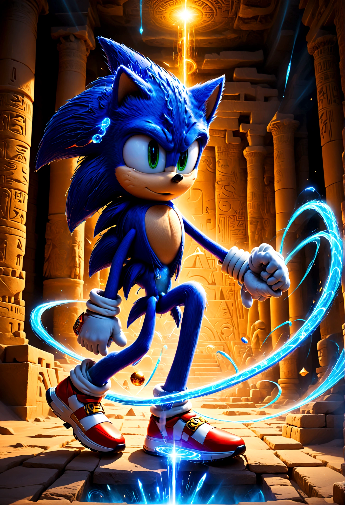 Sonic the Hedgehog, Sonic dashes through the ancient Egyptian pyramids surrounded by mysterious hieroglyphics and complex labyrinth structures. He uses his speed to dodge traps, collect shining rings, solo, Sonic Movie, Motion Blur, action-lines, speed-lines, anime screenshot, source_anime, dramatic composition, cinematic dynamic action scene, vibrant colors, cinematic lighting, dramatic lighting, best quality, masterpiece, very aesthetic, perfect composition, intricate details, ultra-detailed